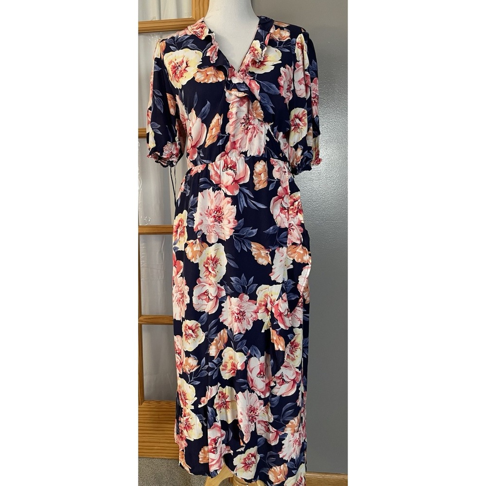 Floral Wrap Midi Dress Womens Sz L Blue Pink Ruffles Side Tie Boho Prairie